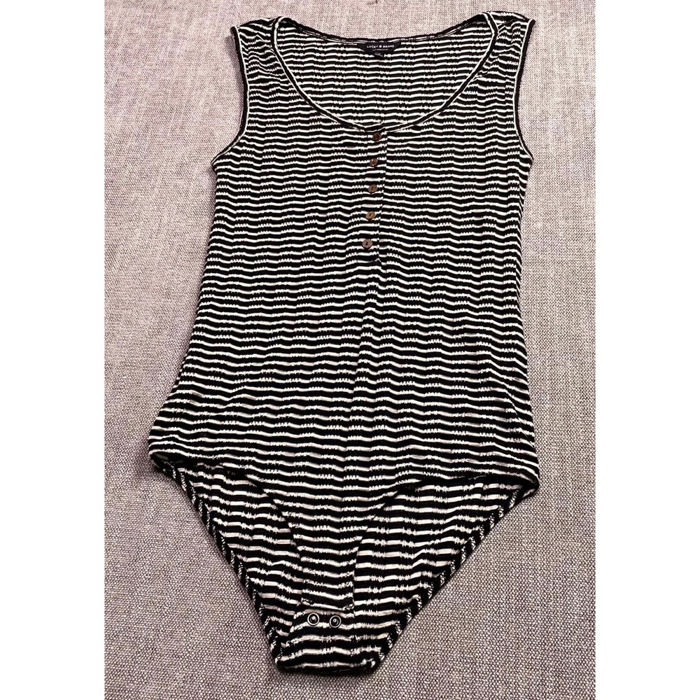 Lucky Brand Henley Bodysuit Womens Small Black White Striped Knit Sleeveless
